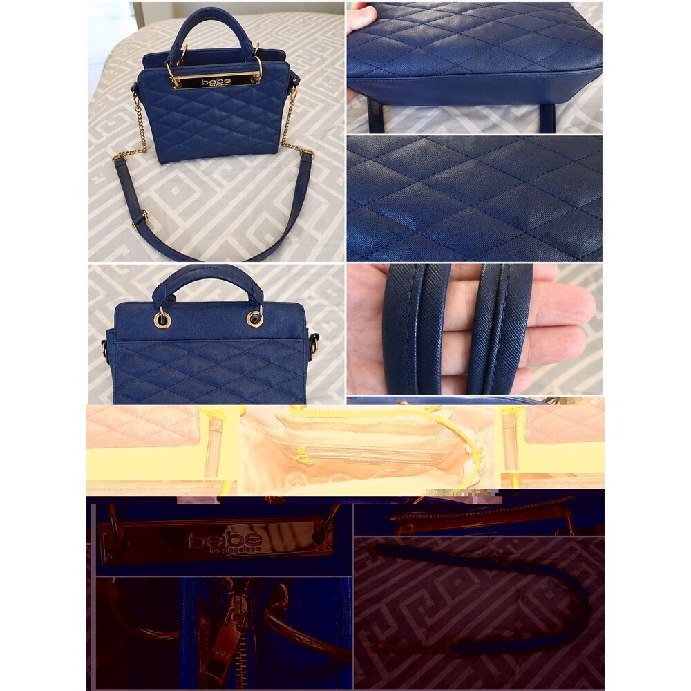 Bebe Navy Blue Abigail Quilted Satchel Handbag Gold Hardware Crossbody Strap
